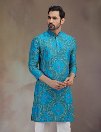 Blue printed silk kurta pajama for men