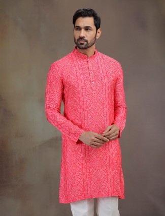 Bright pink printed silk kurta suit for men