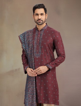 Brown cotton silk kurta pajama with worked dupatta
