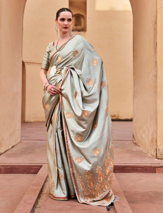 Sophisticated grey satin silk saree with zari