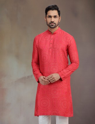 Hot pink silk kurta suit with print