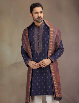 Navy cotton silk kurta suit with dupatta