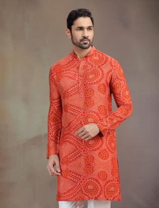 Orange silk printed kurta pajama for men