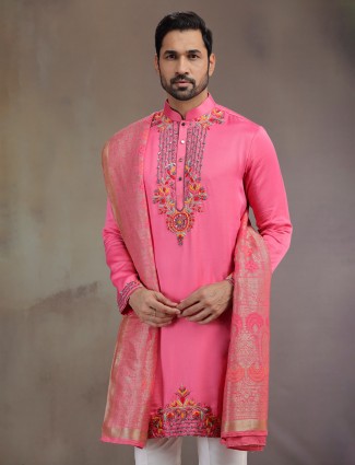 Pink silk wedding kurta pajama with dupatta