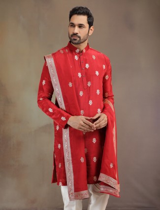 Red silk wedding kurta pajama with dupatta