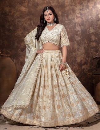 Cream tissue silk wedding lehenga choli for women