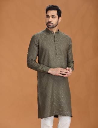 Dark olive linen kurta pant set for festive