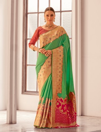 Green woven silk saree for celebrations