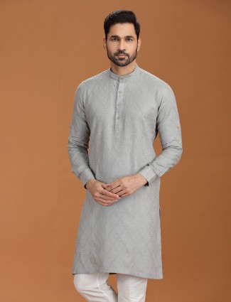 Grey linen kurta set for men with embroidered work