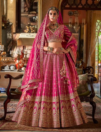 Magenta silk bridal lehenga with two dupattas