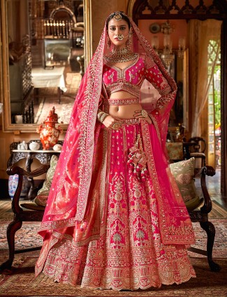 Magenta silk bridal lehenga with sequins shine