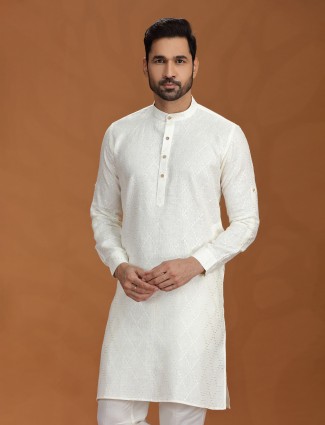 Off-white embroidered festive linen kurta set