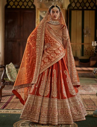 Orange embroidered silk bridal lehenga choli