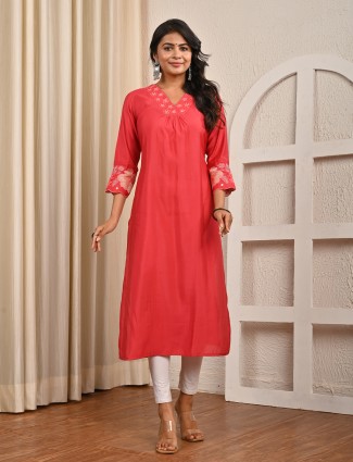 Pink cotton silk V neck casual kurti