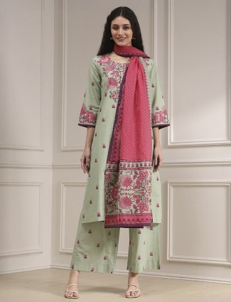 Pista green printed cotton kurti set for casual wear