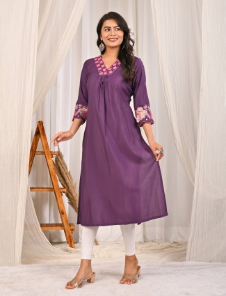 Purple cotton silk V neck kurti