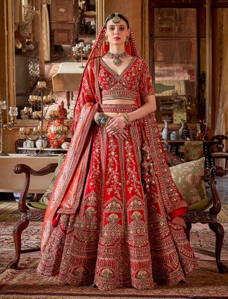 Red silk bridal lehenga with sequins detailing