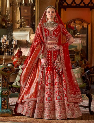 Red silk bridal lehenga with beads and resham work