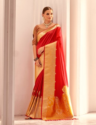 Radiant red woven silk festive saree with unstitched