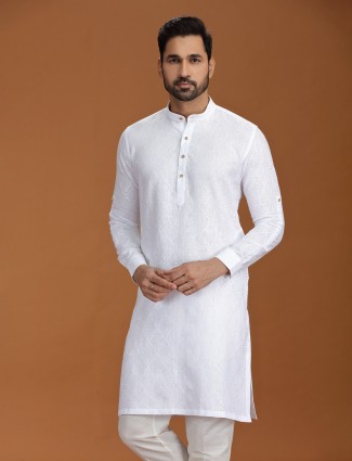 White embroidered linen kurta set with pants