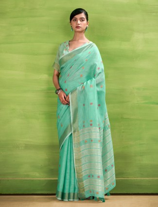 Aqua blue linen silk zari saree