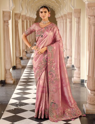 Onion pink silk saree designed for wedding wear