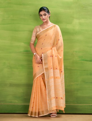 Peach linen silk saree with zari work