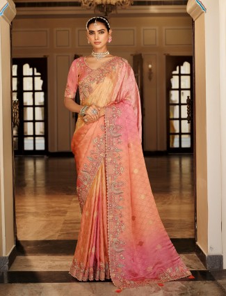 Peach silk saree in dual tone wedding style