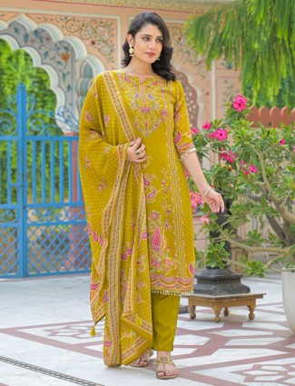 Olive printed straight cut silk kurti set