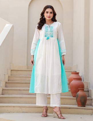 White and aqua cotton kurti set for festive wear