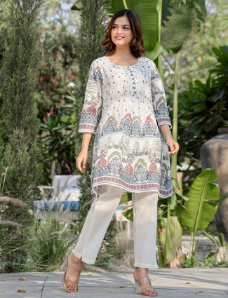 White printed cotton kurti set for women festive wear