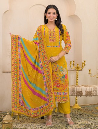 Yellow festive wear silk kurti set with print