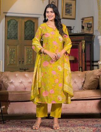 Yellow silk printed kurti set for women festive wear