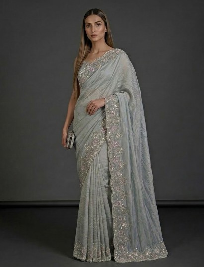 Mint blue tissue silk embellished festive saree