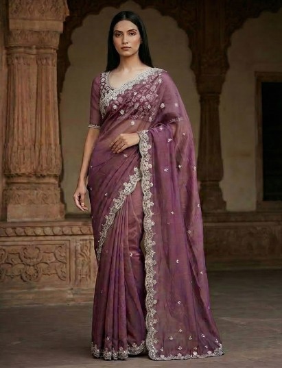 Pastel purple tissue silk diamond embellished saree
