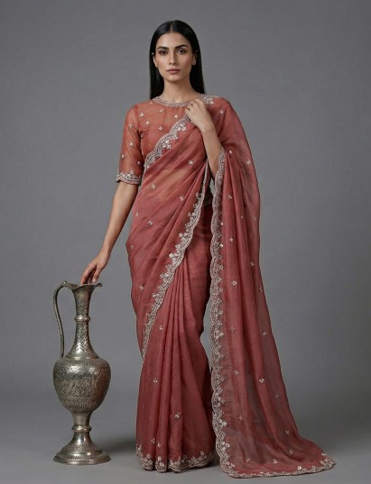 Onion pink tissue silk diamond embellished festive saree