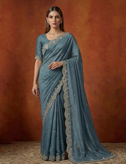 Stone blue tissue silk diamond embellished saree