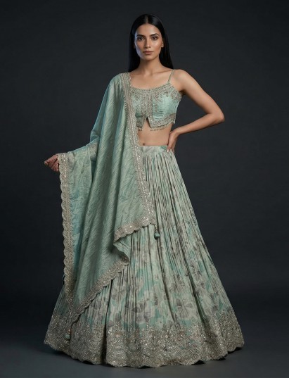 Pista green silk floral zardosi designer lehenga choli