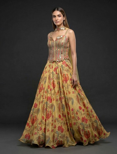 Dusty yellow silk floral designer lehenga choli
