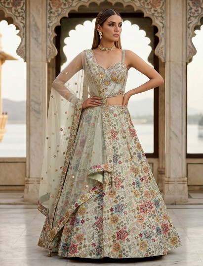 Pista green silk mirror work designer lehenga choli