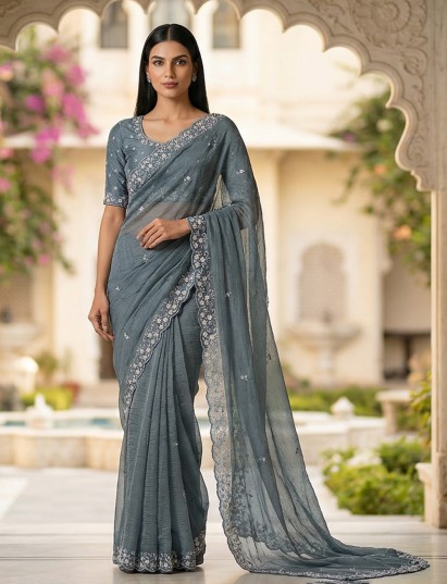 Grey chiffon zardosi work party wear saree elegance