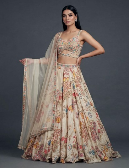 Cream crepe silk embellished designer lehenga choli