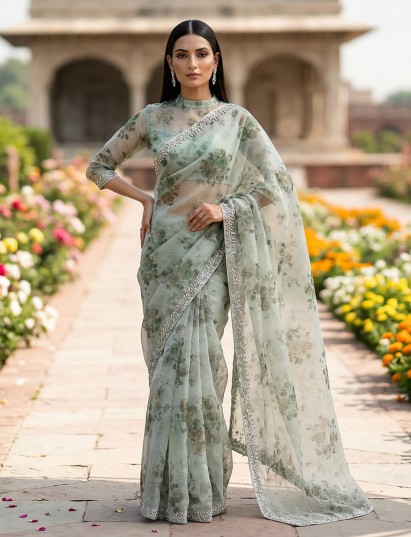 Pista green organza tissue floral printed saree