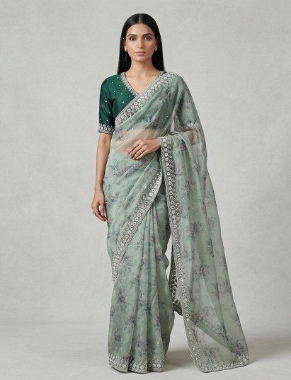 Sage green organza tissue floral printed festive saree