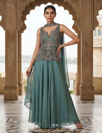 Sage green silk embellished festive palazzo suit