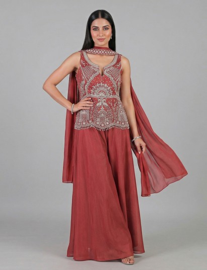 Brown silk designer embellished festive palazzo suit