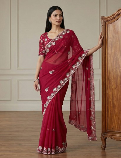Red chiffon pearl embellished festive designer saree