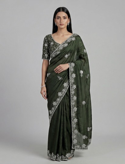 Mehendi green chiffon cutdana work festive wear saree