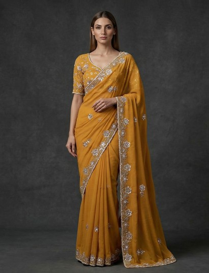 Mustard yellow chiffon haldi festive embellished saree elegance
