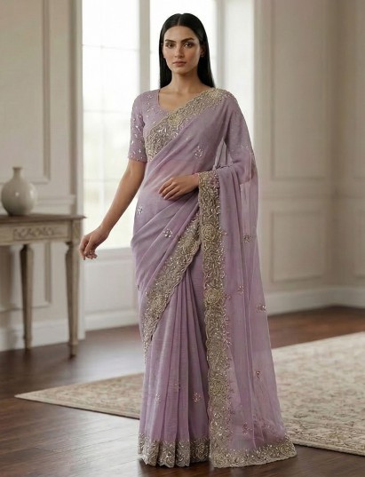 Lilac purple chiffon sequins work party wear saree